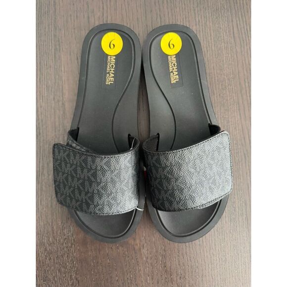 MICHAEL KORS Women’s Sz 9 M Wade Slide 45S0WDFA2B Black/Dk Grey MK New - Picture 2 of 4